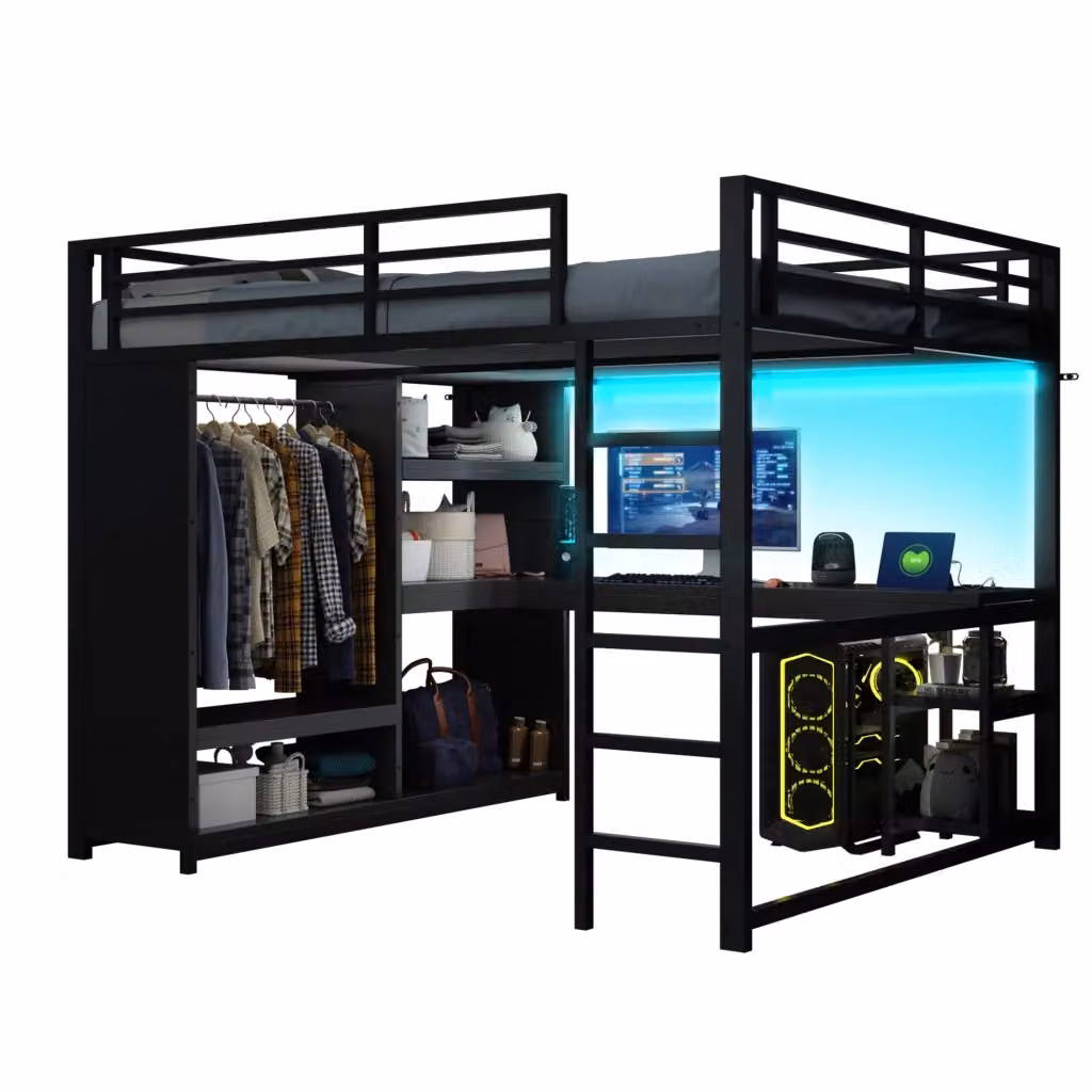 Letto a Soppalco Matrimoniale Moderno con Scrivania, Illuminazione LED e Ricarica USB, Nero, L/P/H: 160 x 200 x 204 cm – 2