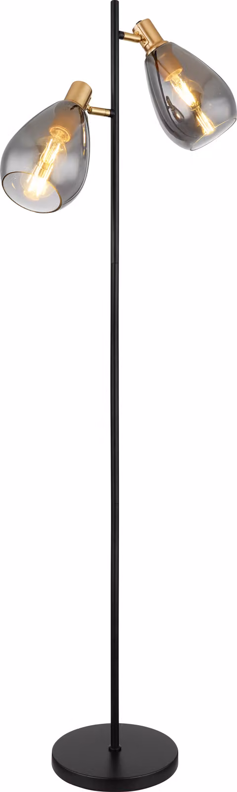 Lampada da terra Globo Lighting, struttura in metallo nero opaco, dettagli in metallo ottone opaco, paralume in vetro fumé, cavo in PVC nero, interruttore a pedale integrato nel cavo, dimensioni: 340x250x1600 mm, lunghezza del cavo: 1800 mm, esclusa lampa