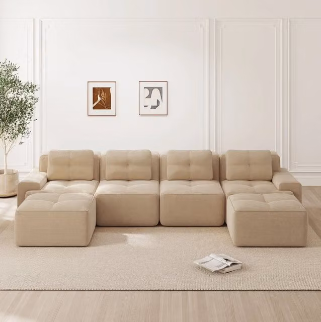 Divano modulare MODFU a 4 posti con chaise longue a U in velluto a coste beige L: 382 cm, P: 177 cm, H: 69 cm