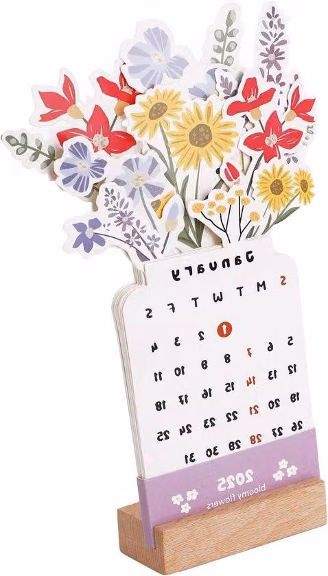 Calendari in legno - Piccoli calendari da scrivania - Calendari con motivi floreali e base in legno.