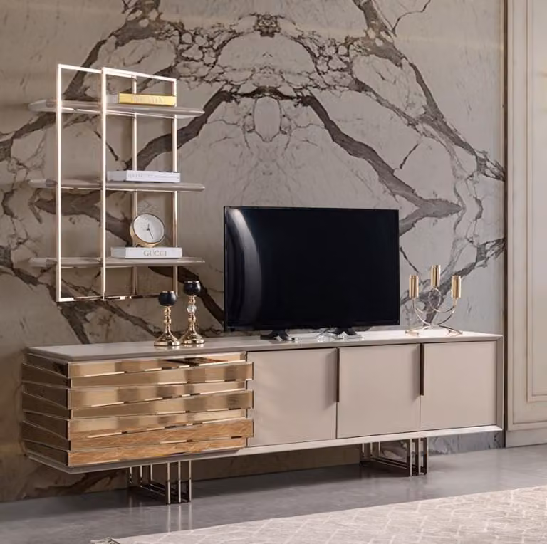 RTV Lowboard TV Ständer Sideboard Beige Gold Wohnzimmer Set Regale