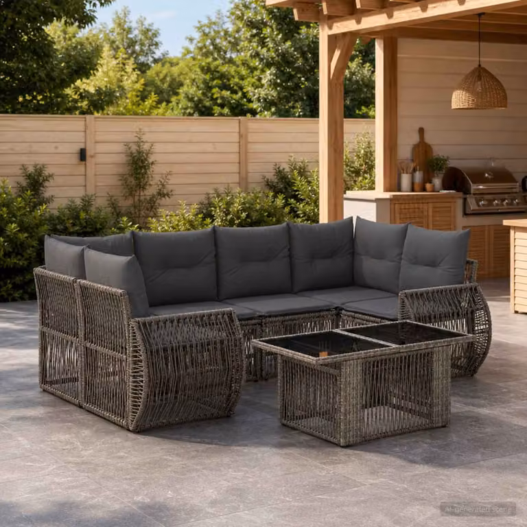 Set Divano da Giardino vidaXL 7 Pezzi in Polyrattan Grigio e Antracite con Tavolino e Cuscini