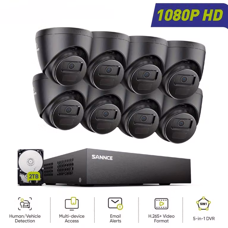 Sistema di sicurezza: sistema di telecamere con 8 telecamere Full HD, 2 TB di spazio di archiviazione e rilevamento di persone