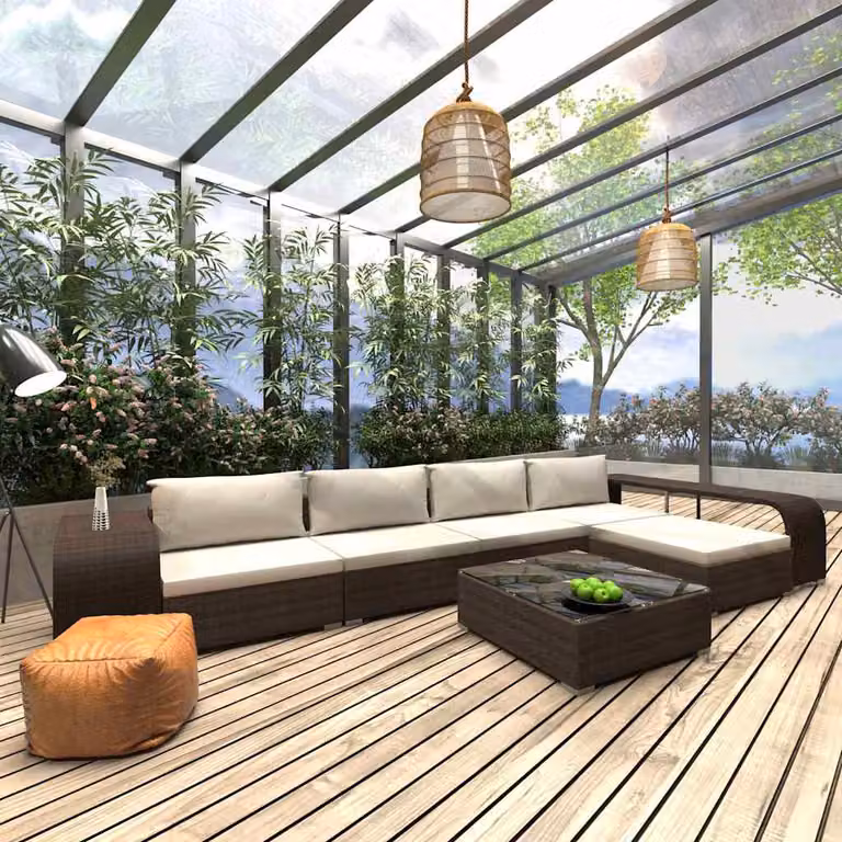 Set Divani da Giardino vidaXL 8 Pezzi in Polyrattan Marrone con Cuscini e Tavolino con Forma a L