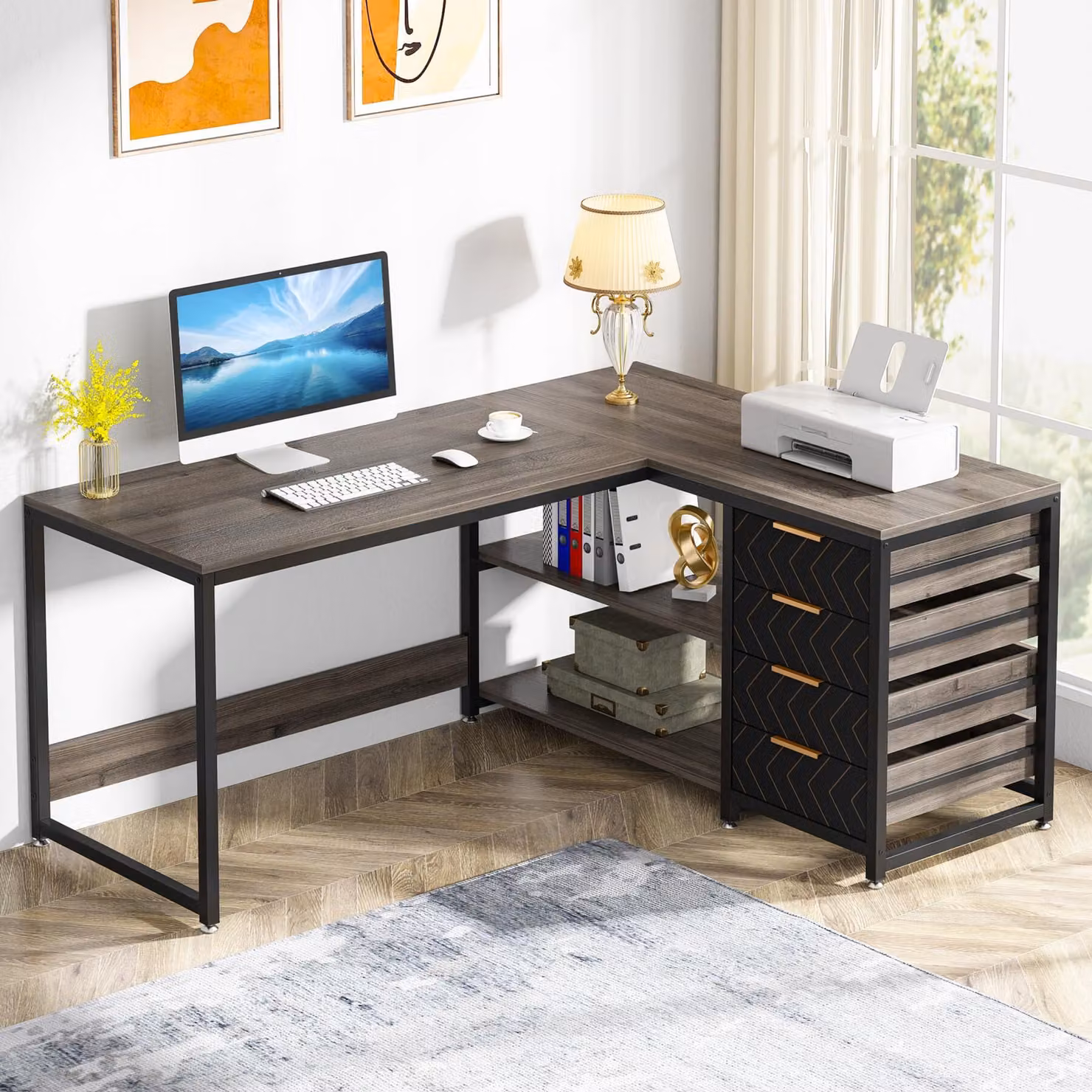 Tribesigns scrivania con cassetti, scrivania a L per computer, scrivania angolare da 150 cm con ripiani, reversibile, home office, grigio