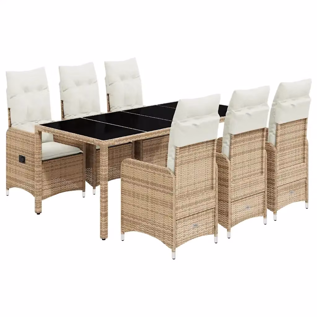 Set da Bistrò da Giardino vidaXL in Polyrattan con Cuscini Beige e Tavolo in Vetro, 7 Pezzi – 2