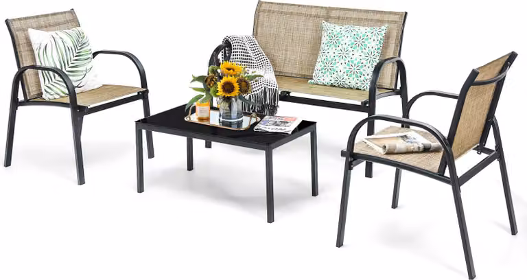 4 TLG. Set di mobili da giardino, set di mobili da giardino con tavolino e panca da giardino e 2 sedie da pranzo, set di mobili da balcone in textilene per 4 persone, marrone