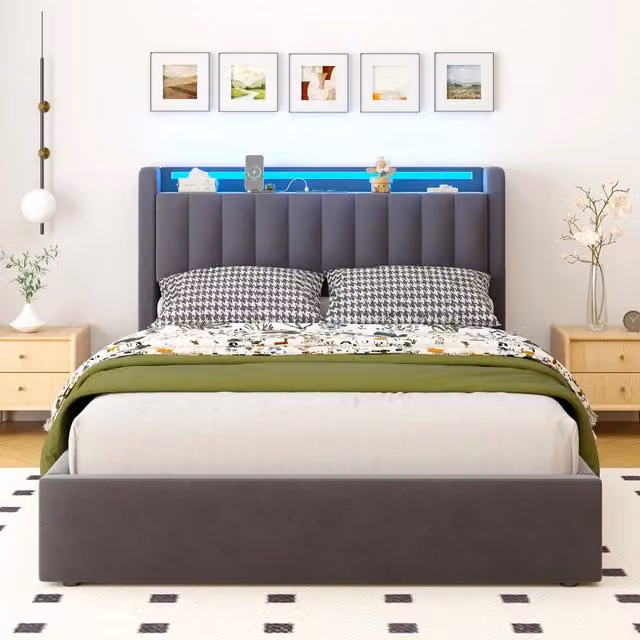 LETTO Imbottito 140 x 190 cm Grigio Scuro con Contenitore, USB e LED