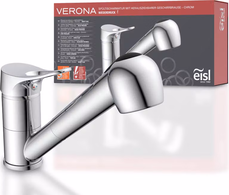 Rubinetto da cucina eisl VERONA con doccetta, rubinetto da cucina a bassa pressione, rubinetto da cucina girevole a 360° cromato