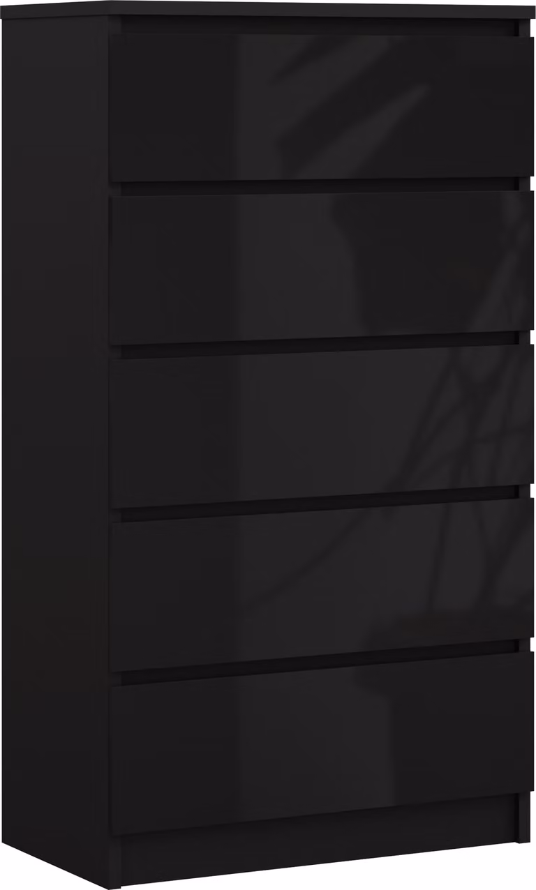 Cassettiera con 5 cassetti, nero opaco/nero lucido, 125 x 70 x 39 cm