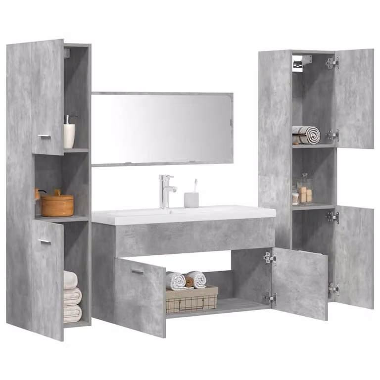 Set di mobili da bagno vidaXL 5 pezzi in legno e vetro, colore grigio e bianco, design moderno con mobile lavabo, pensili e specchio