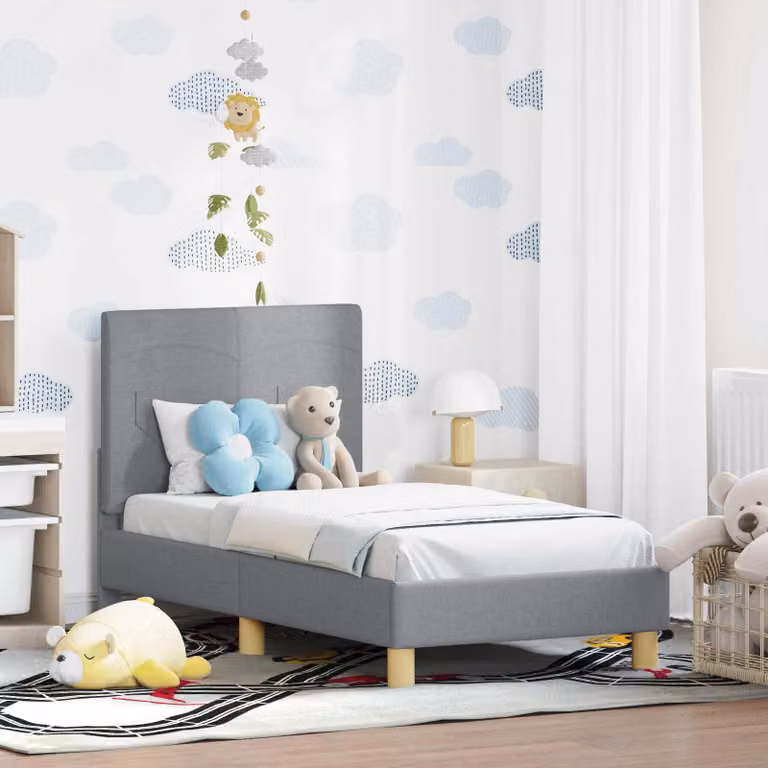 vidaXL Struttura letto per bambini moderna in legno e tessuto con testata imbottita e scomparti laterali, Grigio, L: 140 cm, H: 79 cm, P: 70 cm