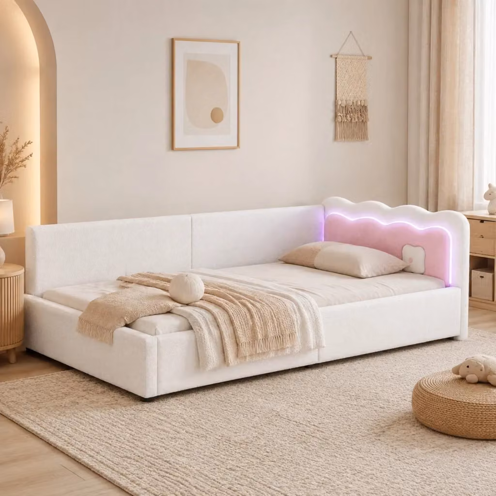 Letto da giorno moderno REDOM in tessuto velvet bianco con illuminazione LED sotto il letto L/P: 90 x 200 cm – 2