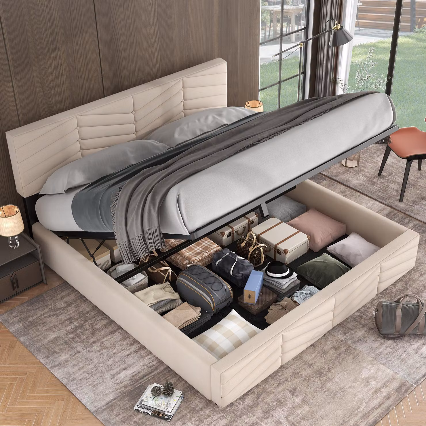 okwish Letto imbottito, Letto matrimoniale, 160 x 200 cm, letto funzionale idraulico, letto continentale, testata regolabile in altezza, velluto, con materasso, beige