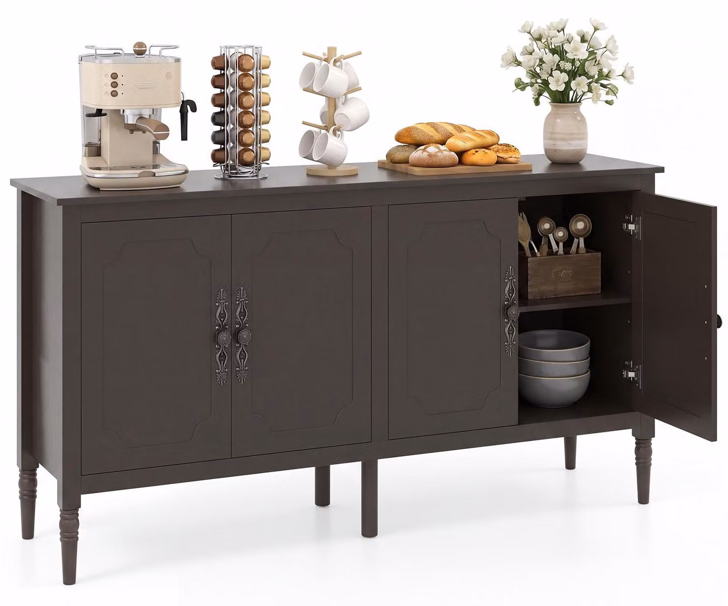 Mobiletto laterale COSTWAY, credenza con 4 ante, armadietto da cucina con piano di lavoro e ripiani interni, mobile buffet con gambe per la cucina, dimensioni 148 x 39,5 x 80,5 cm