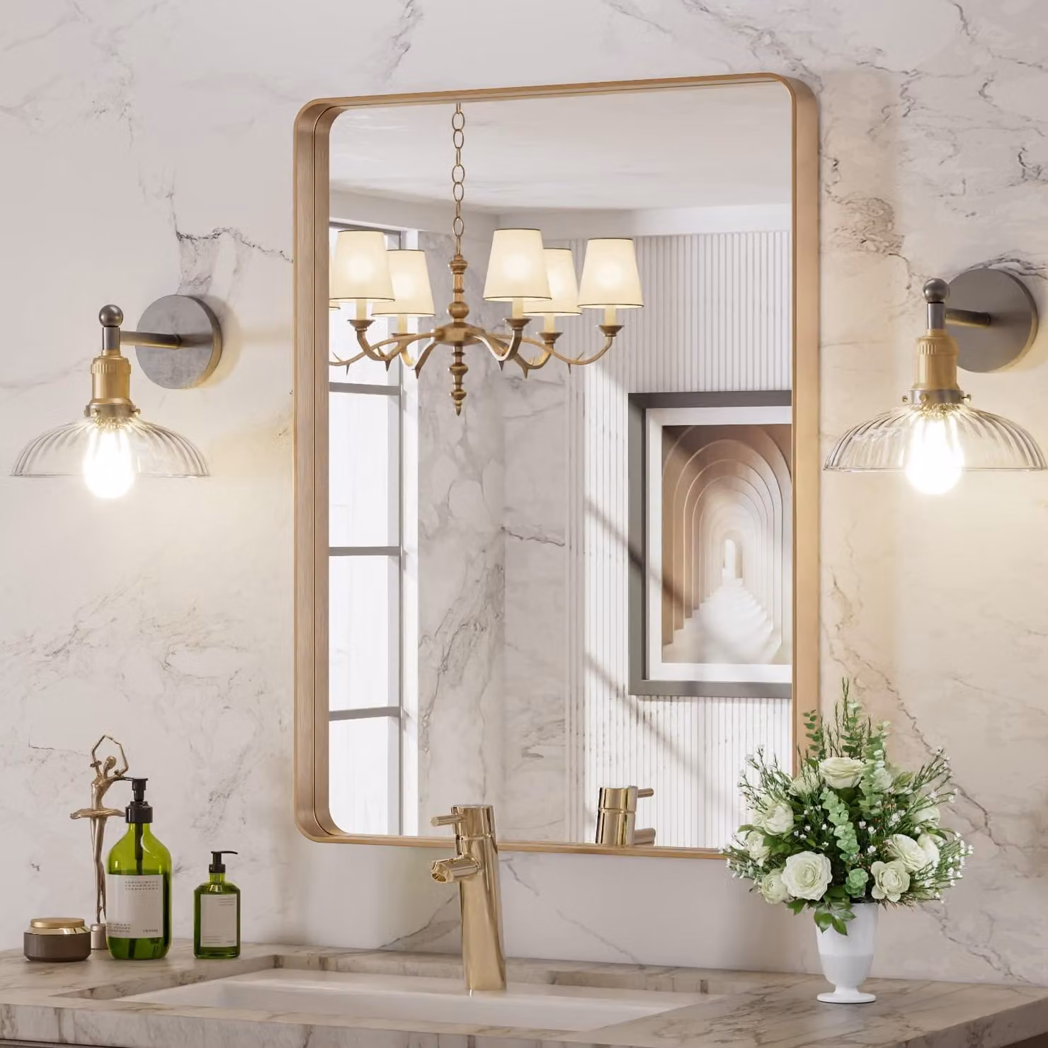 Specchio da bagno dorato, rettangolare, dimensioni 22x30 pollici, finitura spazzolata, da montare a parete