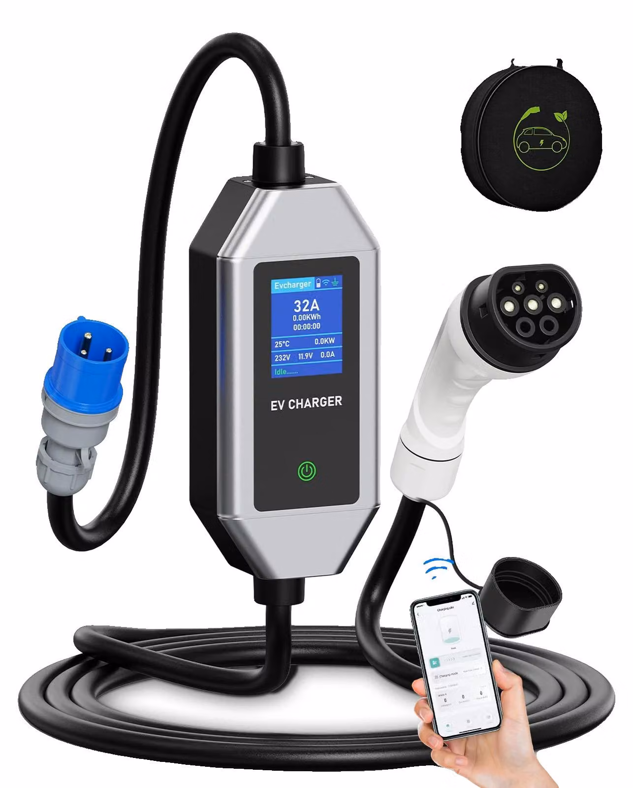 Caricabatterie portatile per veicoli elettrici, controllo Wi-Fi, corrente regolabile, cavo Type 2 da 5 m con app