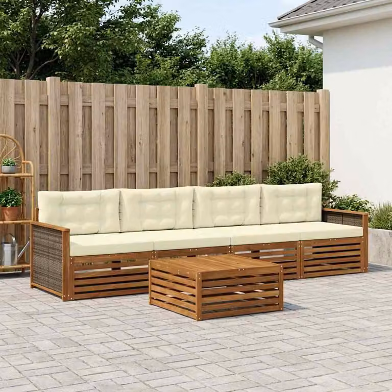 Set di divani da esterno vidaXL 5 pezzi in legno di acacia con cuscini, colore beige e bianco
