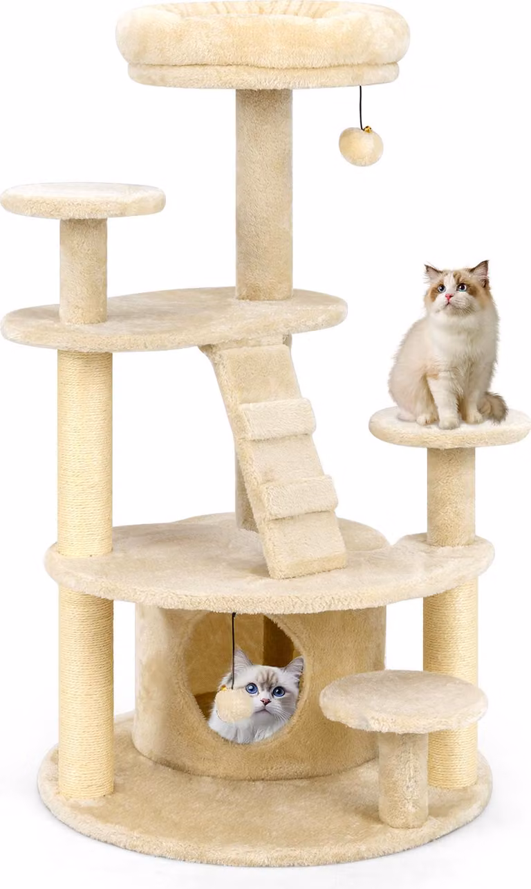 COSTWAY piccolo tiragraffi, albero di legno per gatti, tiragraffi per gatti con grotta per gatti, palla, scala, piattaforme e tiragraffi, albero rampicante per gatti beige chiaro