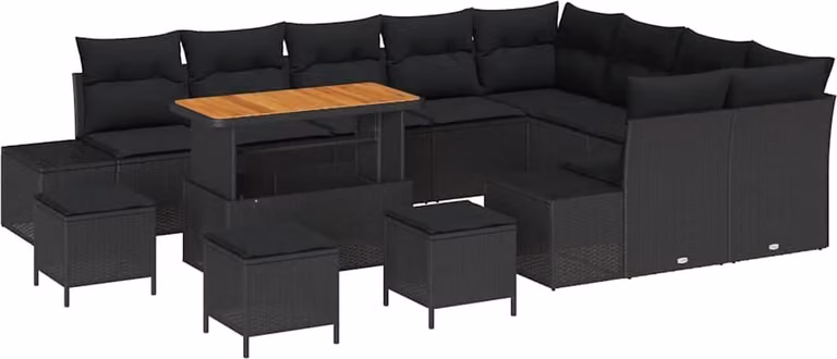 Set Divano da Giardino con cuscino 13 pcs Nero polyrattan