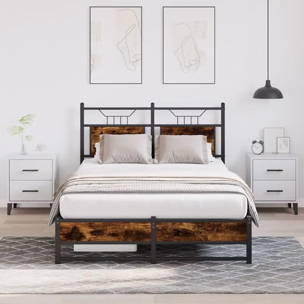 Letto matrimoniale per adulti in stile industrial con struttura in metallo e legno, colore marrone, L/P/H: 120 x 200 x 91.5 cm – 2