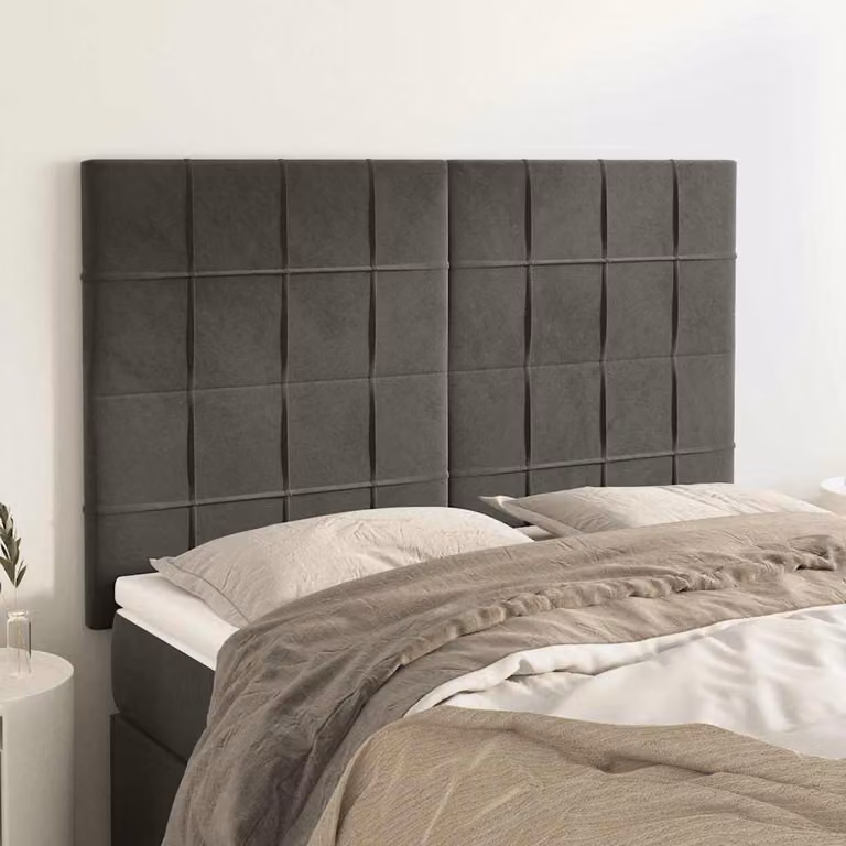 Testiera per letto vidaXL in velluto grigio scuro con struttura in legno e MDF, L: 144 cm, P: 5 cm, H: 118/128 cm