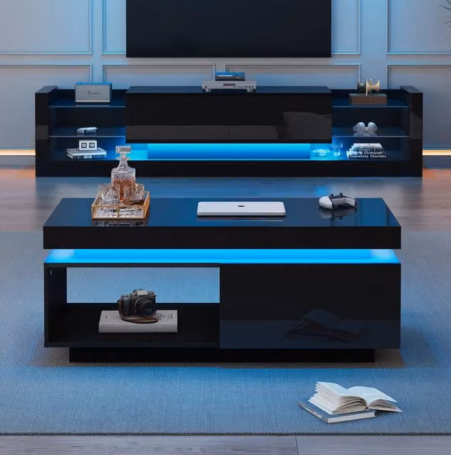 Set mobile TV e tavolino da caffè lucidi con LED; nero; truciolare