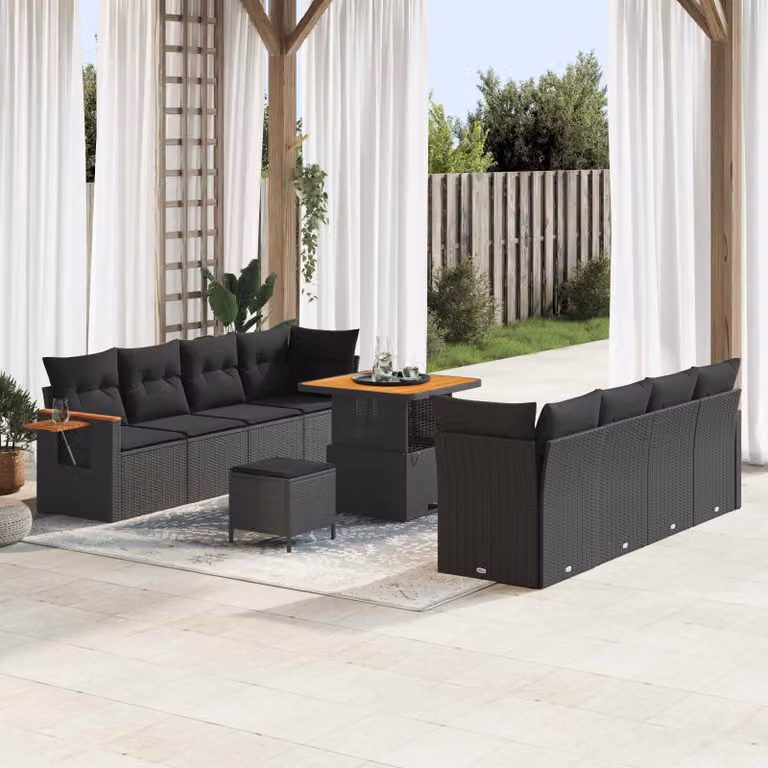 Set Divano da Giardino vidaXL 12 Pezzi a Forma di U con Cuscini Nero e Struttura in Metallo e Legno di Acacia