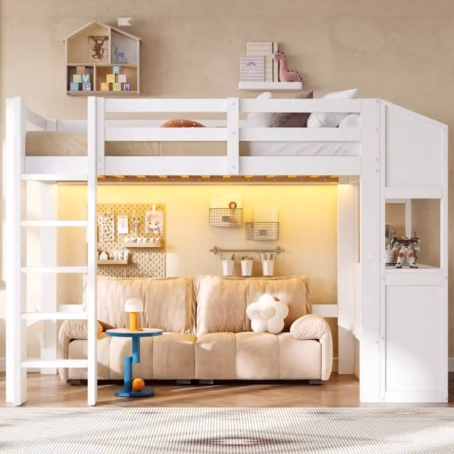 Letto a soppalco 90x200 con 6 cassetti; scaffali e luci LED; bianco