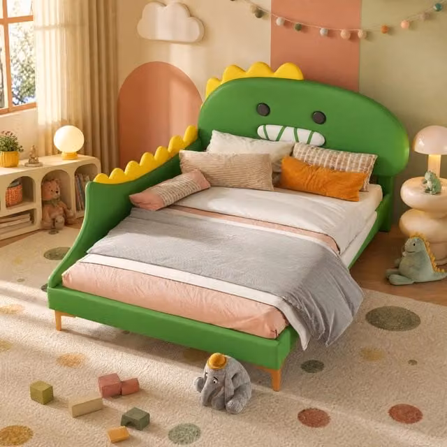Letto basso per bambini a forma di dinosauro; 140 x 200 cm; PU e MDF; verde