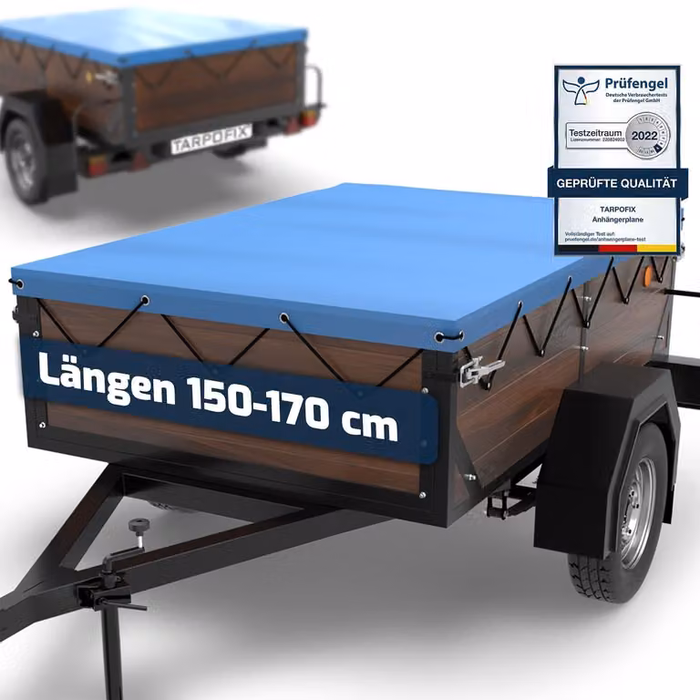Tarpofix® Telo per rimorchio, 160 x 110 cm, incluso il cordino per il fissaggio - Telo piatto in PVC per rimorchio - Telo rinforzato HP DDR per diversi tipi di rimorchi per autovetture - Telo copri-carico per rimorchio, colore blu