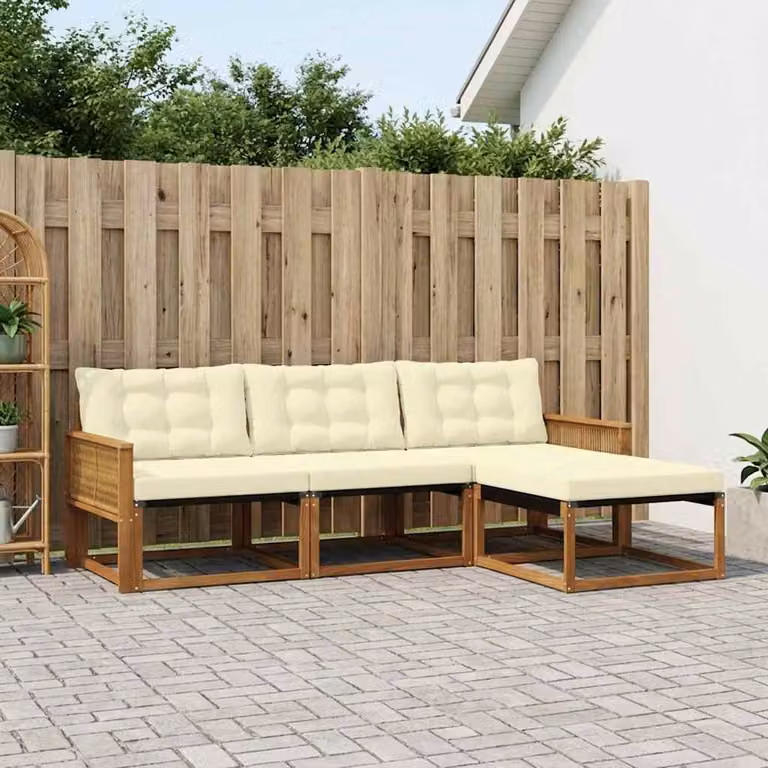 Set di divani da esterno vidaXL a forma di L con pouf, struttura in legno di acacia e cuscini in tessuto beige e bianco
