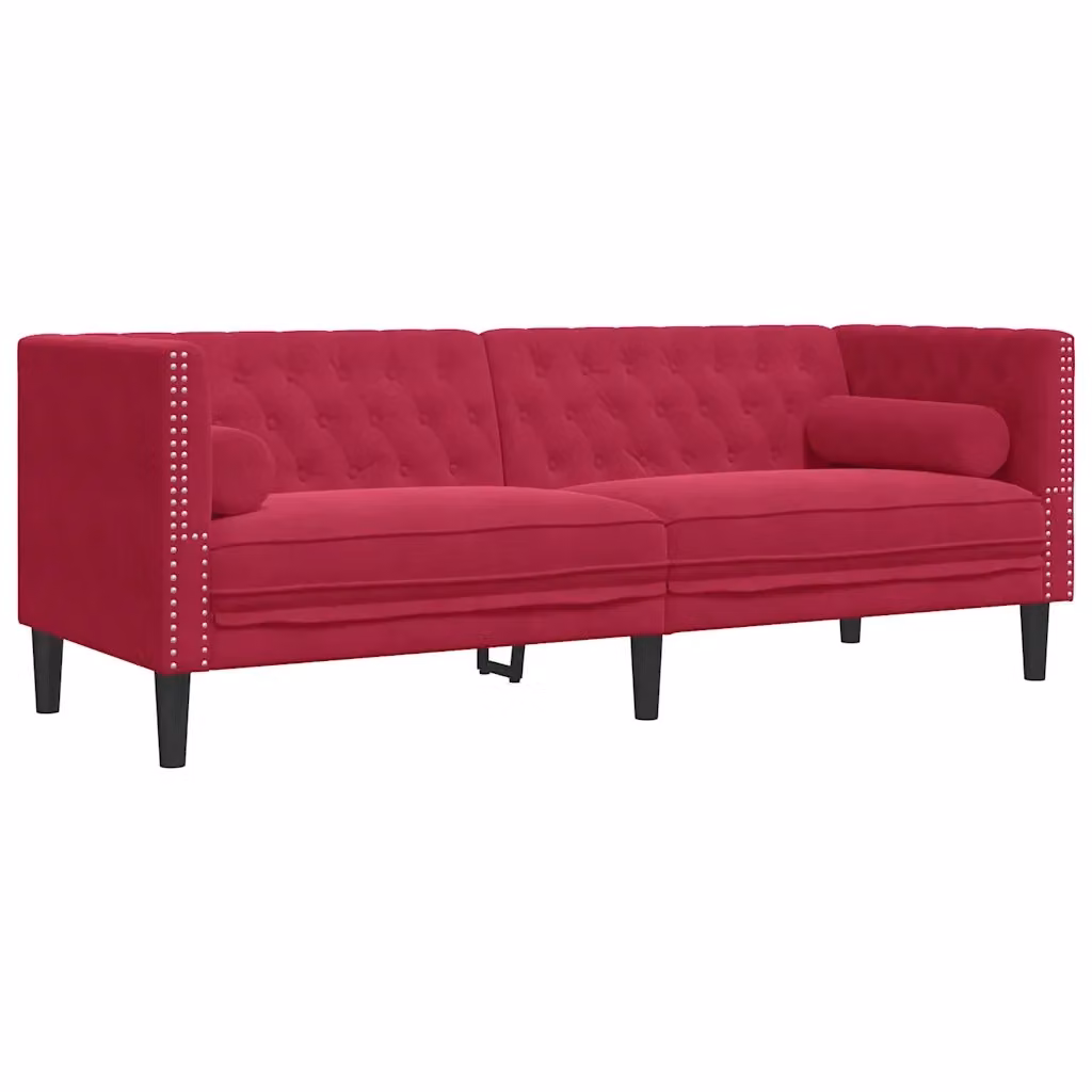 Divano Chesterfield a 3 posti vidaXL in velluto rosso con cuscini inclusi L: 194 cm, P: 74,5 cm, H: 70,5 cm – 2