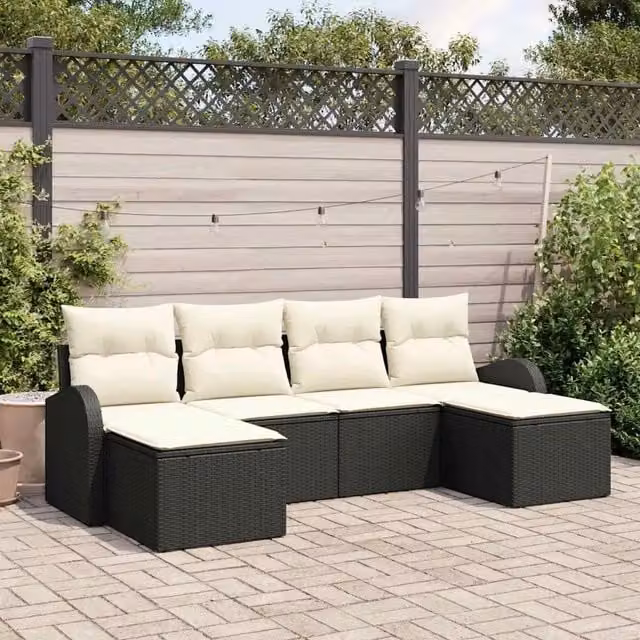 Set Divano da Giardino 6 pz-Sofa da Giardino-Divanetto da esterno Nero Rattan in Polipropilene
