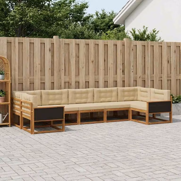 Set di divani da esterno a L vidaXL in legno di acacia con cuscini, 7 pezzi, Beige e Marrone