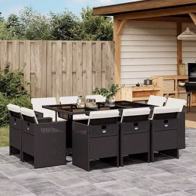 Set da Pranzo da Giardino 11 pz con Cuscini in Polyrattan Nero 3277793