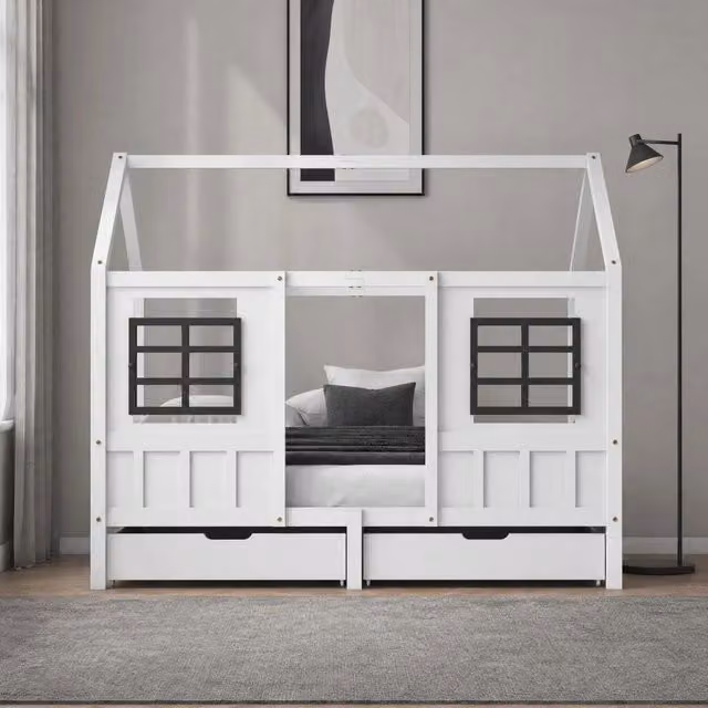 Letto a casetta ULEVR 90x200 cm con 2 cassetti su ruote e finestre protettive, bianco