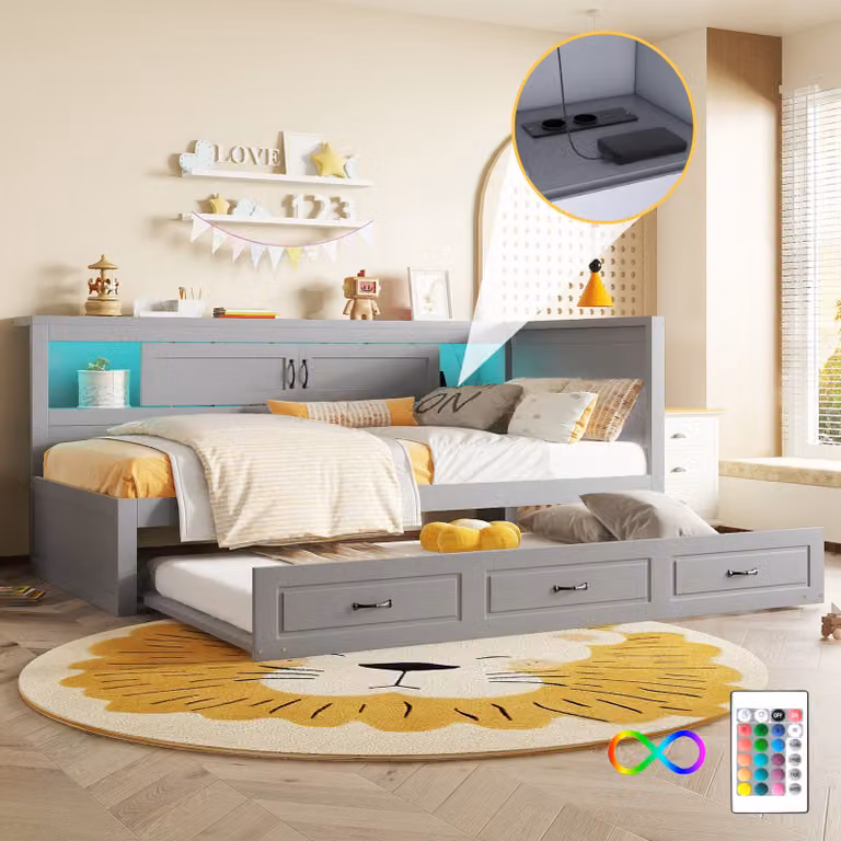 okwish Divano letto (90x200 cm), Letto imbottito, Letto da giorno, Illuminazione ambiente telecomandata, Letti contenitore, Senza materasso, Letto estraibile, Cassetto + USB, Grigio