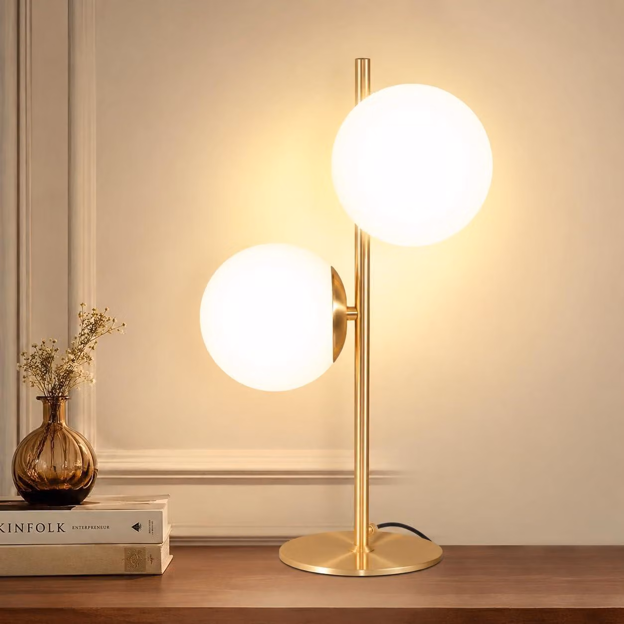 ZMH Lampada comodino Oro 2 luci Lampada da tavolo metallo con interruttore sfera vetro bianco attacco E27 per soggiorno camera camera bambini