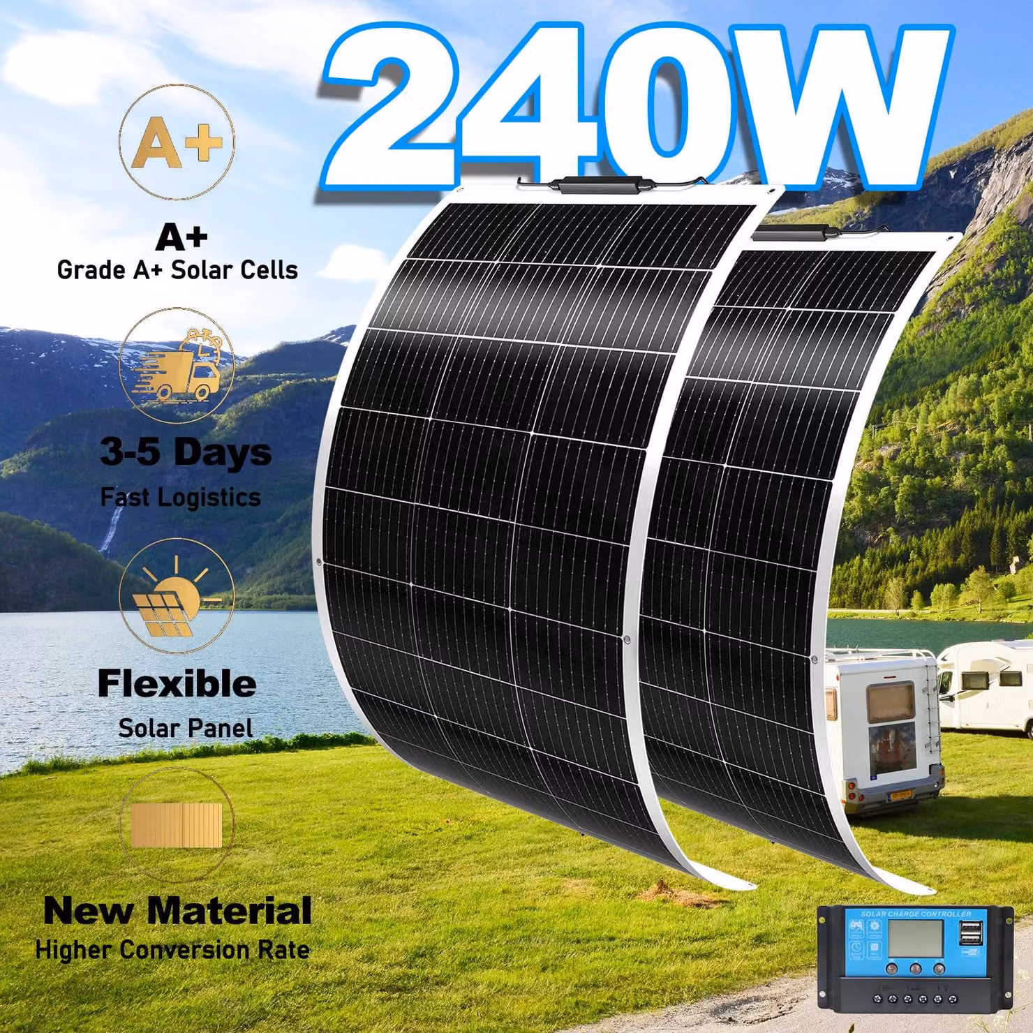 Pannello solare flessibile da 120W - Silicio monocristallino - Leggero - Ideale per camper e balconi