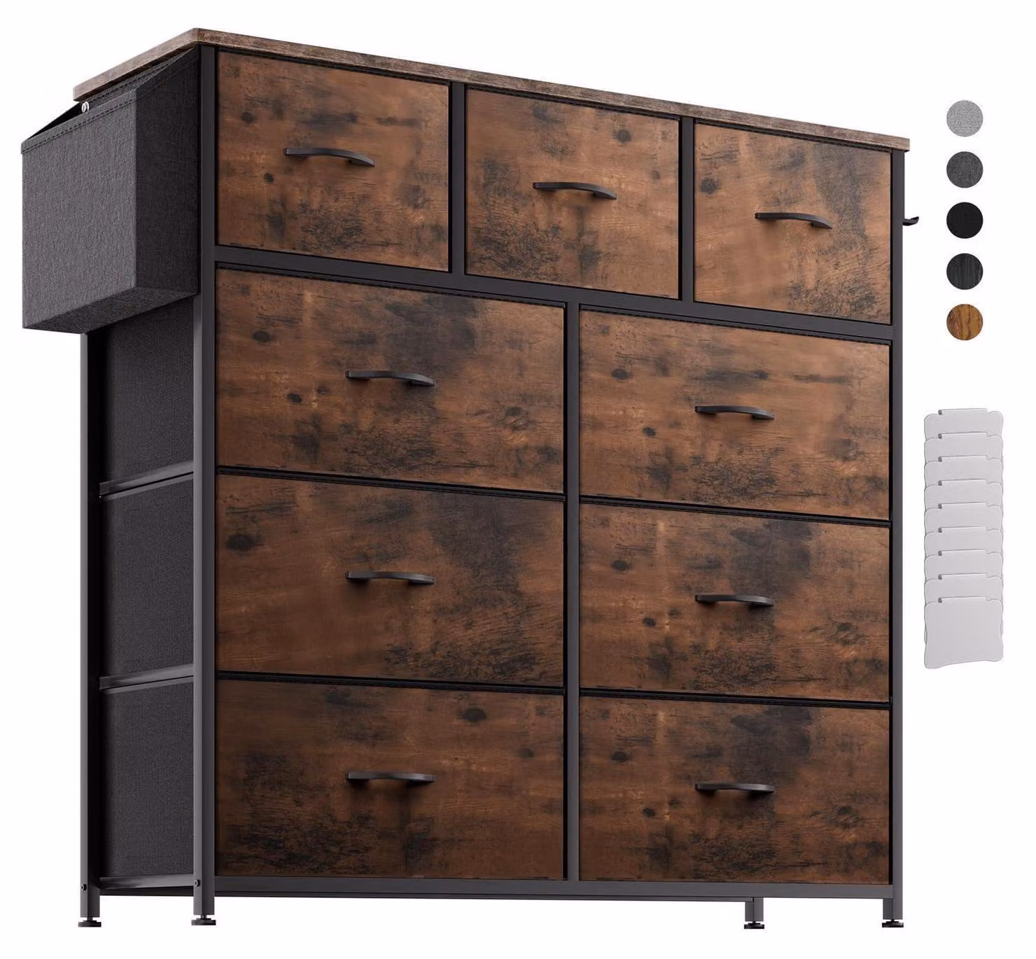 Comodino con cassetti rivestiti in tessuto, 9 cassetti, colore marrone rustico, dimensioni 100x100x30 cm