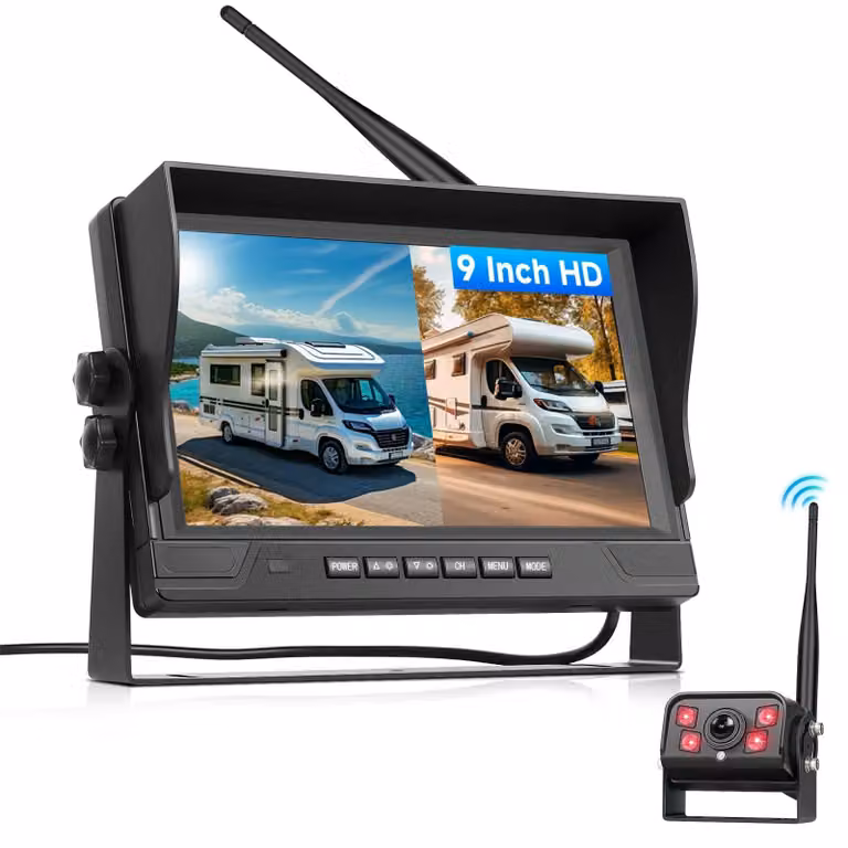 Telecamera per retromarcia wireless - Schermo IPS HD da 9 pollici - Obiettivo grandangolare - Impermeabile IP68 - Visione notturna - Adatta per camion, camper e furgoni
