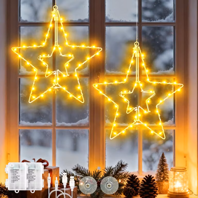 Set di 2 stelle a LED, 40 LED, pieghevoli, con timer, 8 modalità, luce bianco caldo, 15 cm