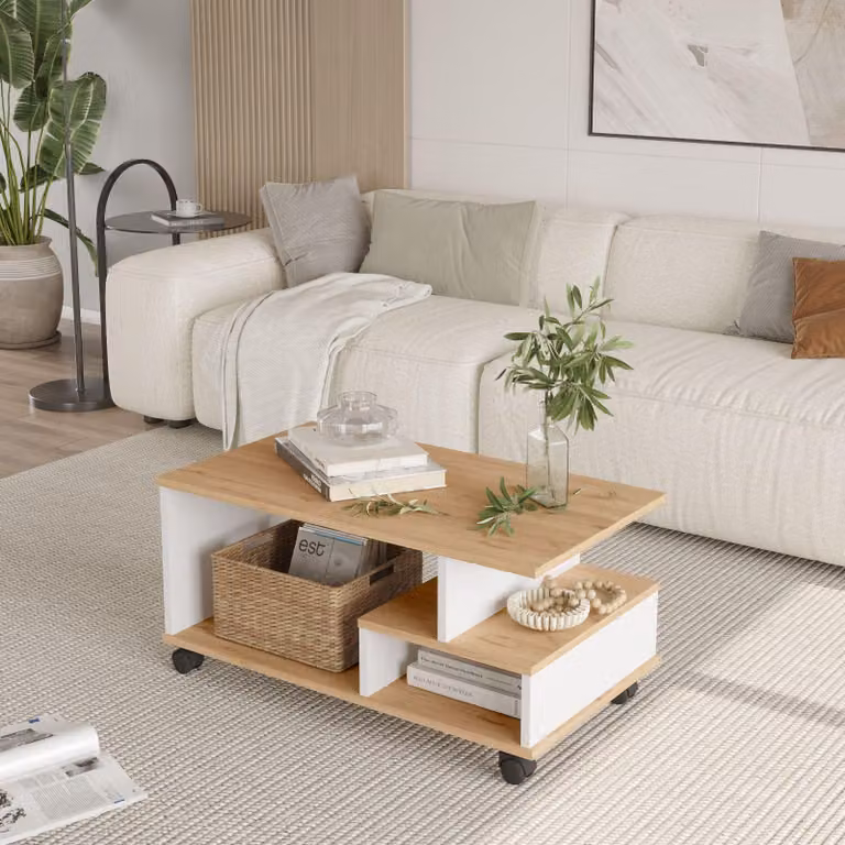 Skye Decor, tavolino da caffè di alta qualità con rotelle, in legno di quercia e bianco, dimensioni 90 x 42,5 x 51 cm. Realizzato con pannello di particelle rivestito in melamina al 100%, spessore 18 mm. Ideale per l'arredamento moderno, elegante e funzio
