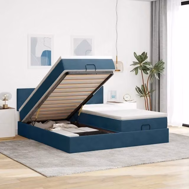 Letto con contenitore a sollevamento vidaXL in velluto blu con illuminazione LED sottostante e porta di ricarica USB L: 200 cm, P: 200 cm, H: 88 cm