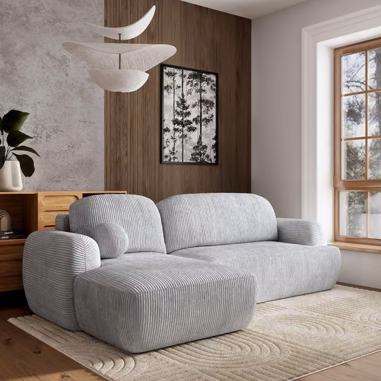 Divano angolare Masseno MODENZA P L-S con funzione letto a L, divano con box letto, divano da salotto, divano, divano, divano letto, set di divani - grigio chiaro, POSO 55