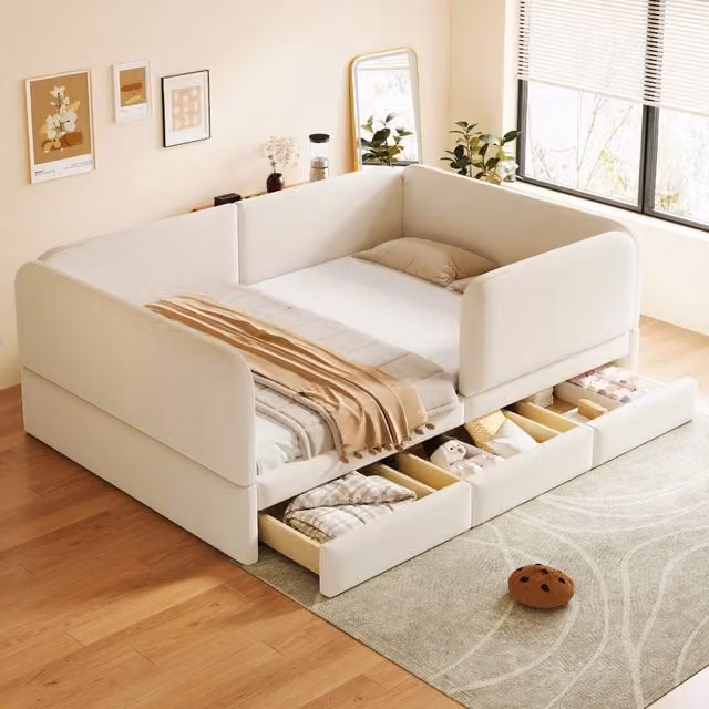 Letto imbottito per bambini REDOM in velluto beige con cassetti L/P: 140 x 200 cm