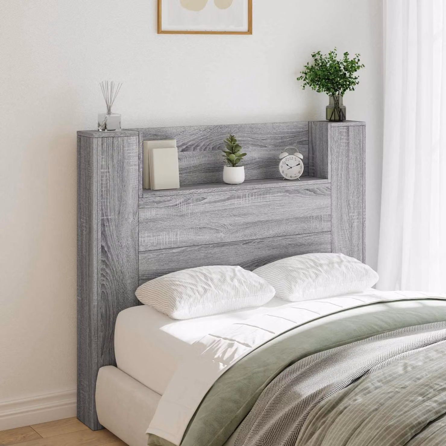 Testiera con stoccaggio e illuminazione LED vidaXL Sonoma grigio, L: 120 cm, H: 103,5 cm, P: 16,5 cm