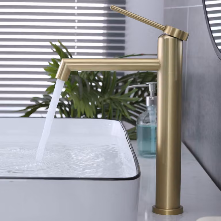 Miscelatore monocomando per lavabo, finitura oro spazzolato, foro singolo