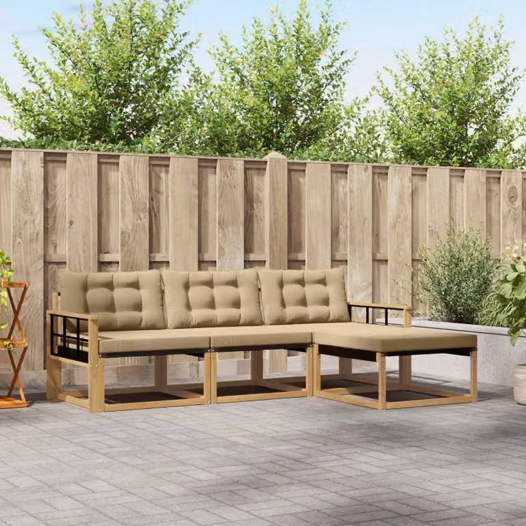 Set di divani da esterno vidaXL a forma di L con pouf, struttura in legno di acacia e cuscini in tessuto beige e bianco